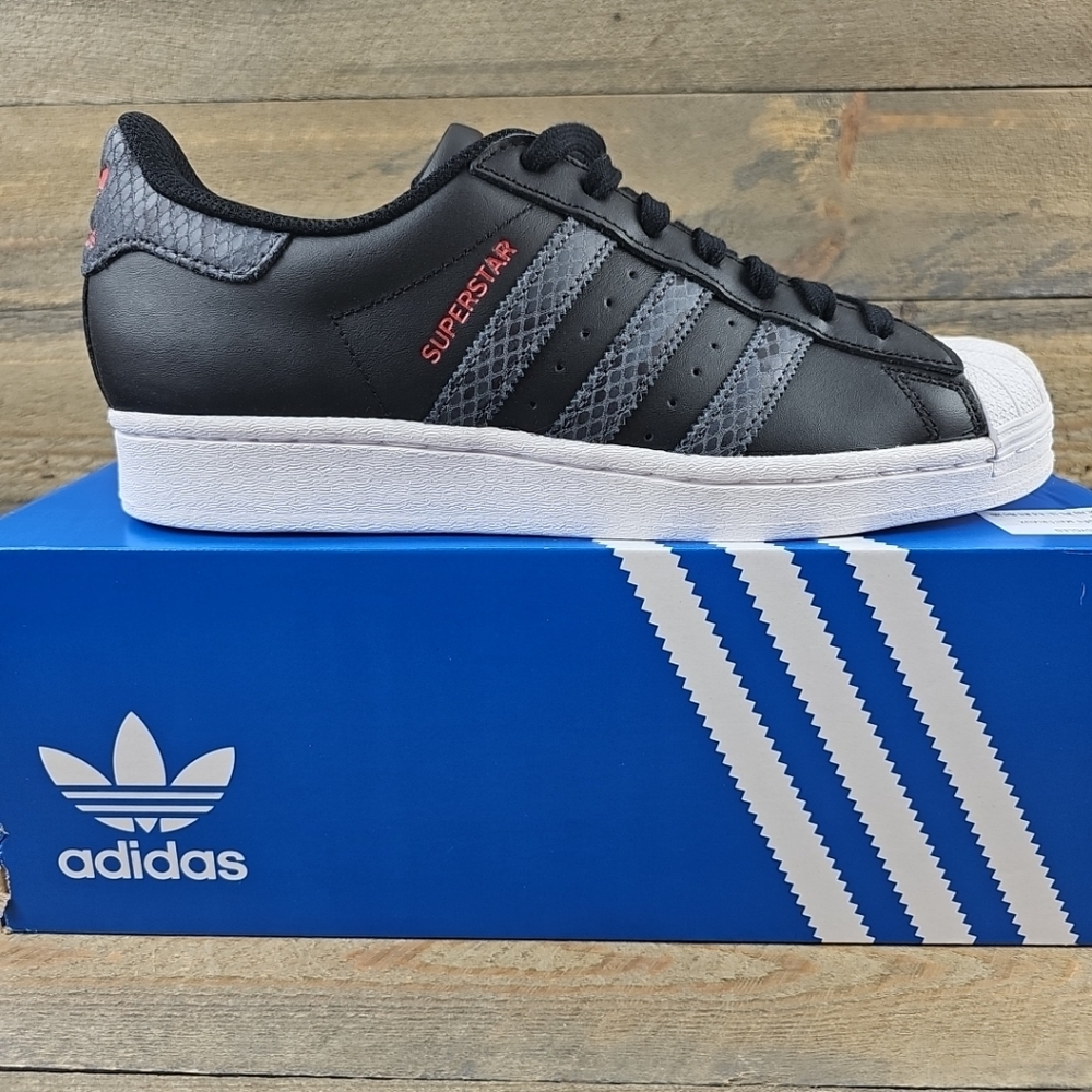 adidas Superstar Women’s Sneakers Black, White with Gray Accents and Red Logo